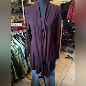 Adrienne Vittadini plum / purple mixed media long open front cardigan size large